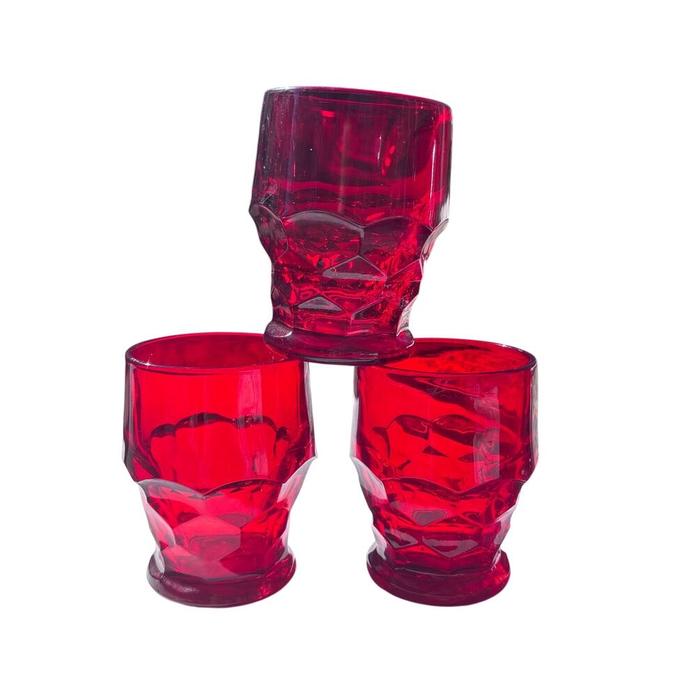 Vintage Ruby Glass Set of 3 Cocktail Water Juice Gorgeous Red Color Mid-Century